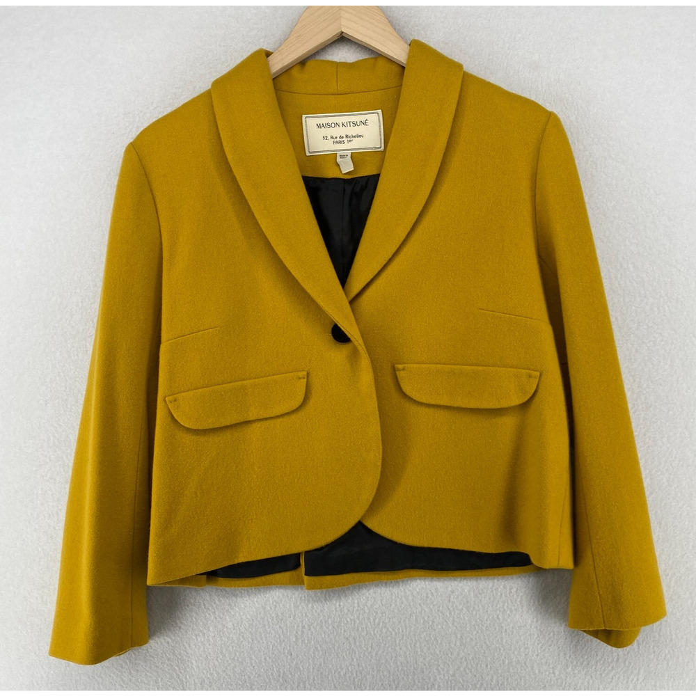 MAISON KITSUNE Blazer Womens 38 Cashmere Virgin Wool Cropped Suit Jacket Yellow